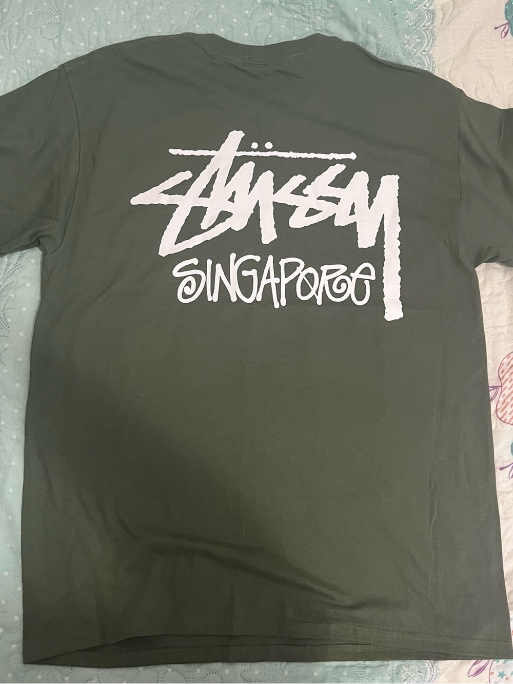 Stussy Olive Green Tee with White Singapore Script